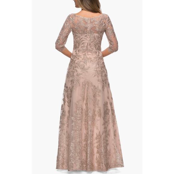 La Femme Floral Embroidered Mesh A-Line Gown Champagne Size 12 NWT 28053 - Picture 10 of 16